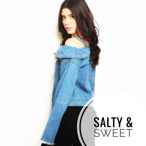 Mustard Seed Jackets & Blazers - SWEATHEART OFF THE SHOULDER TOO DENIM JACKET